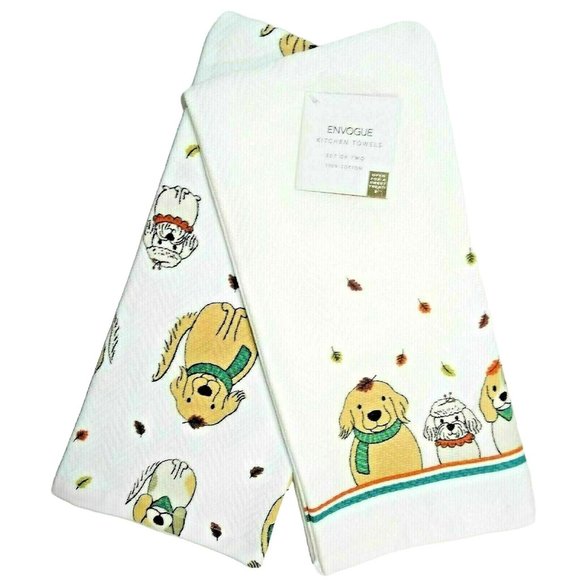 Envogue Fall Puppies Autumn Leaves Kitchen Towels White Tan Dogs Scarves 2-Pc - Picture 1 of 2